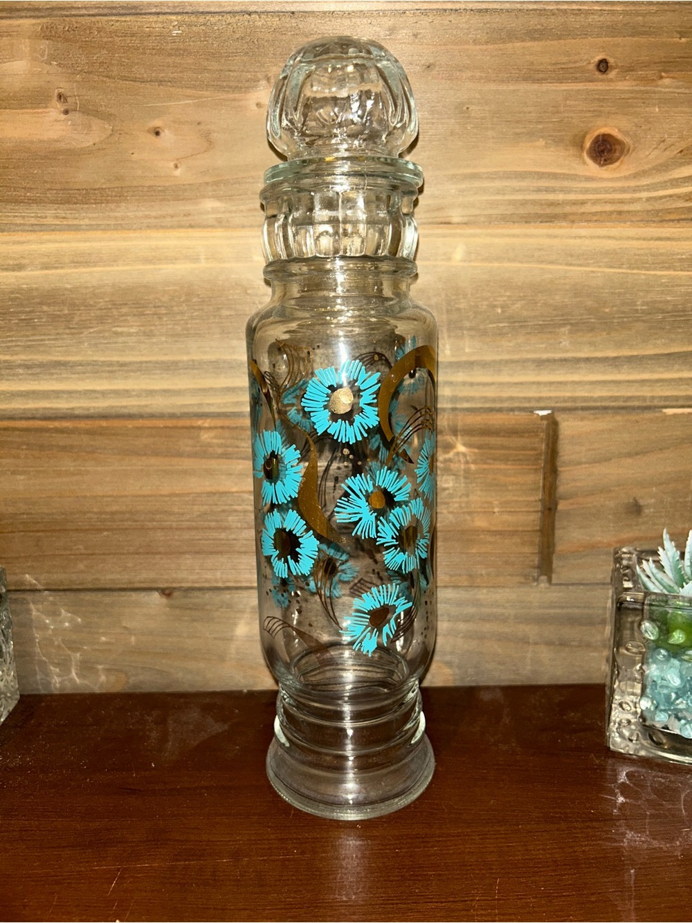 Mid Century 11” Apothecary Container Jar Turquoise & Gold Pattern Glass Lid